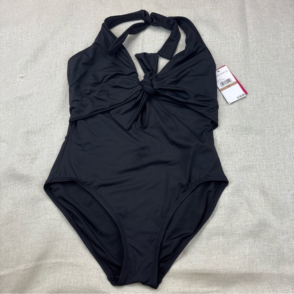 Vince Camuto Women S Tie-Front Halter One Piece Swimsuit Black Size 12